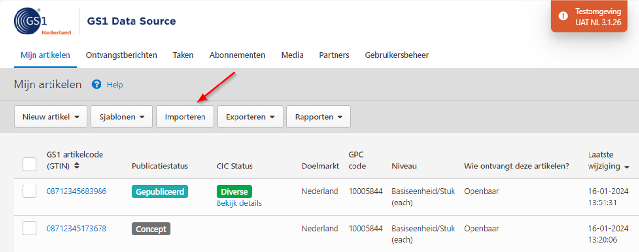 Doorpubliceren van ontvangen artikelgegevens - Voorbeeld Importeren